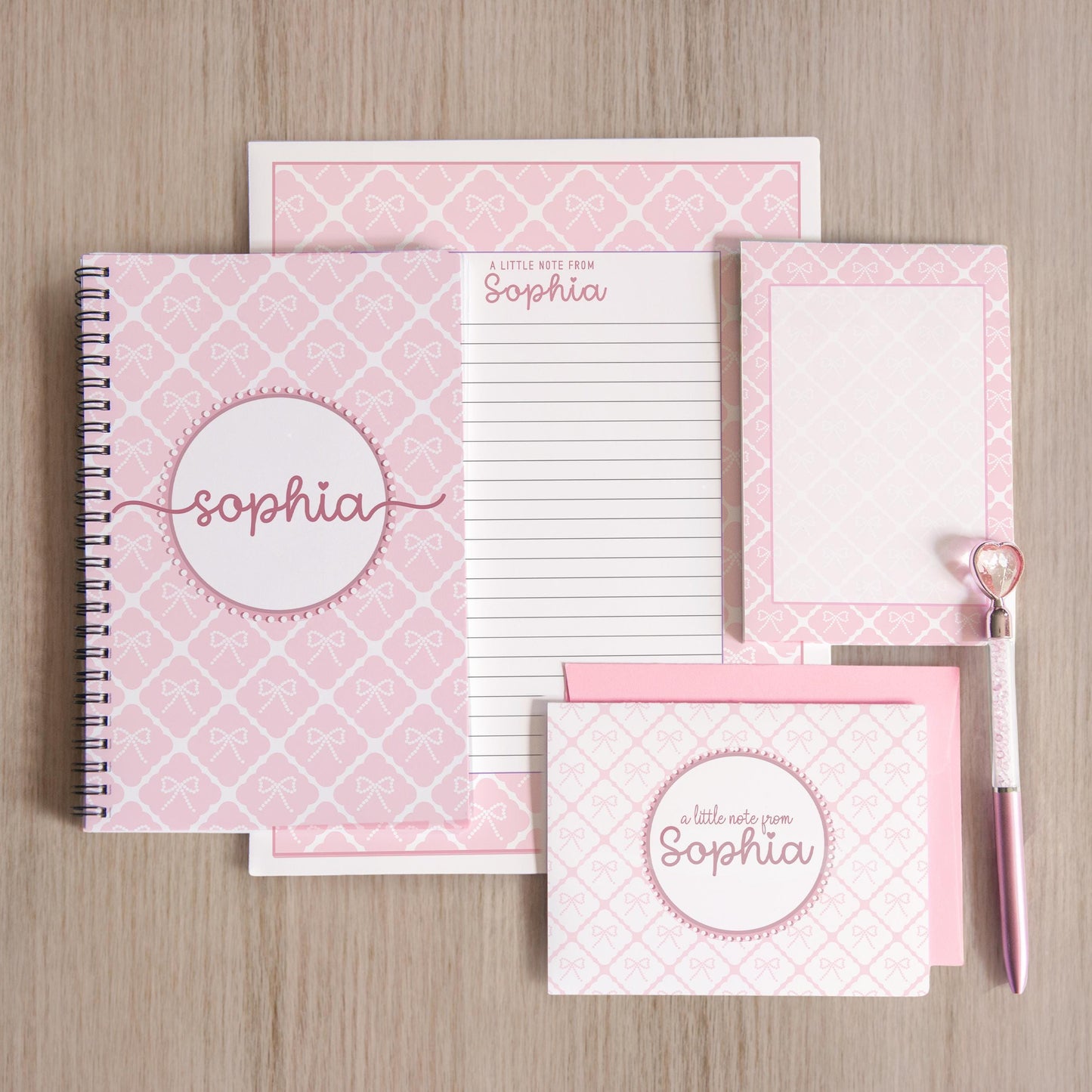 Personalized Stationery Set - Kids Letter Writing Kit with Pink Bow Notebook & Envelopes