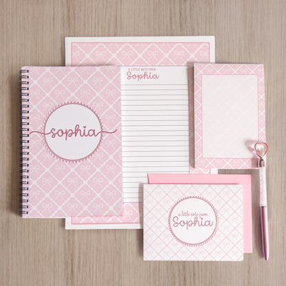 Personalized Stationery Set - Kids Letter Writing Kit with Pink Bow Notebook & Envelopes