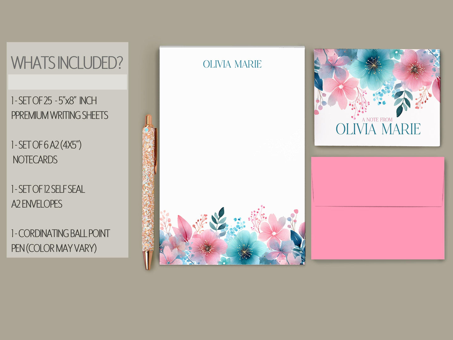Personalized Stationery Set - Rainbow Wildflowers Letter Writing Sets with Pen & Envelopes