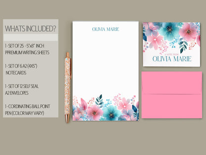 Personalized Stationery Set - Rainbow Wildflowers Letter Writing Sets with Pen & Envelopes