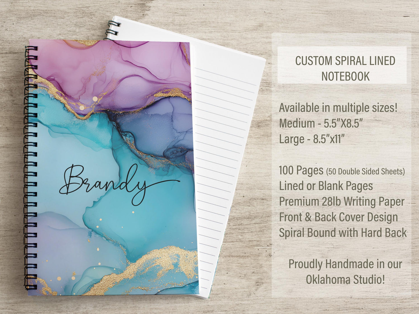 Personalized Notebook - Custom Marbled Ink Journal with Name | Spiral Bound, Purple Teal Gift
