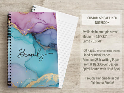Personalized Notebook - Custom Marbled Ink Journal with Name | Spiral Bound, Purple Teal Gift