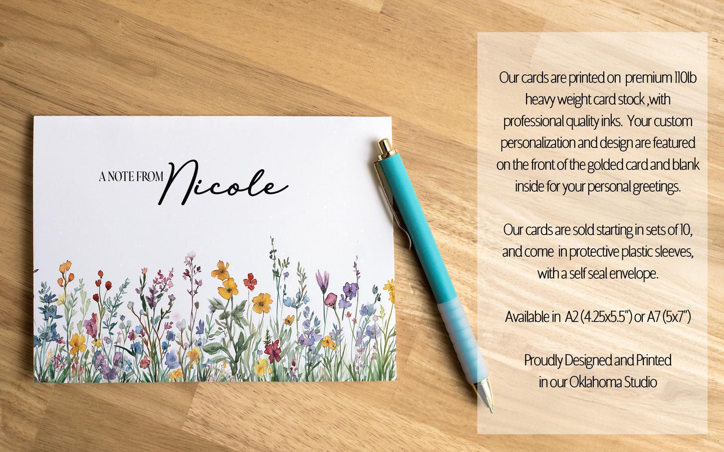 Personalized Note Cards - Wildflower Note Cards Set with Custom Name & Matching Envelope Colors