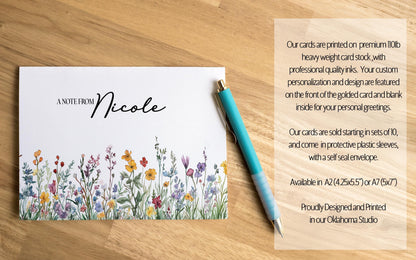 Personalized Note Cards - Wildflower Note Cards Set with Custom Name & Matching Envelope Colors