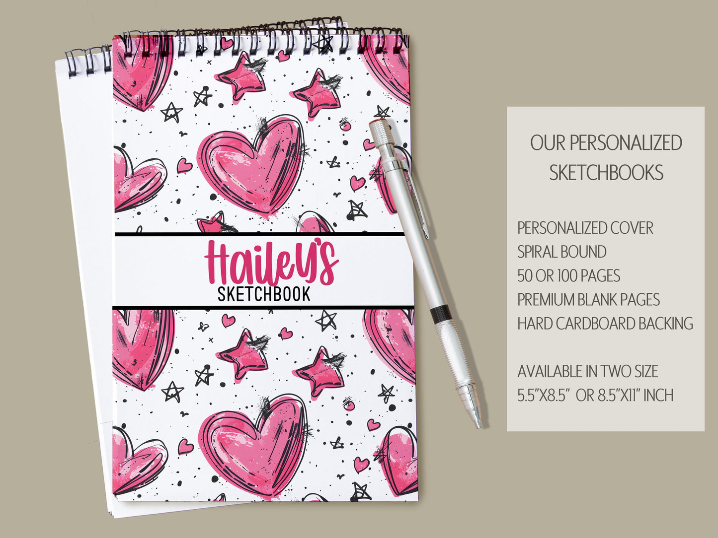 Personalized Kids Sketchbook - Custom Drawing Pad With Pink Heart Doodle, Spiral Bound Art Book
