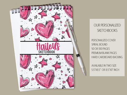 Personalized Kids Sketchbook - Custom Drawing Pad With Pink Heart Doodle, Spiral Bound Art Book