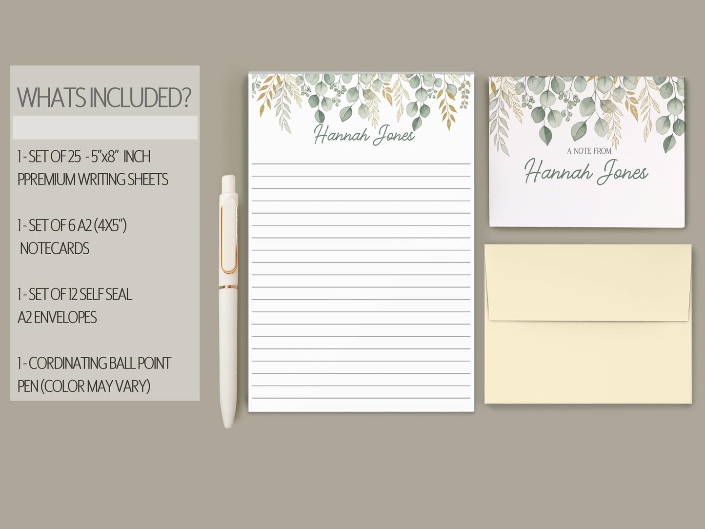 Personalized Stationery Set - Boho Floral Writing Paper, Sage Green Envelopes & Pen Included