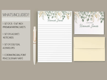 Personalized Stationery Set - Boho Floral Writing Paper, Sage Green Envelopes & Pen Included