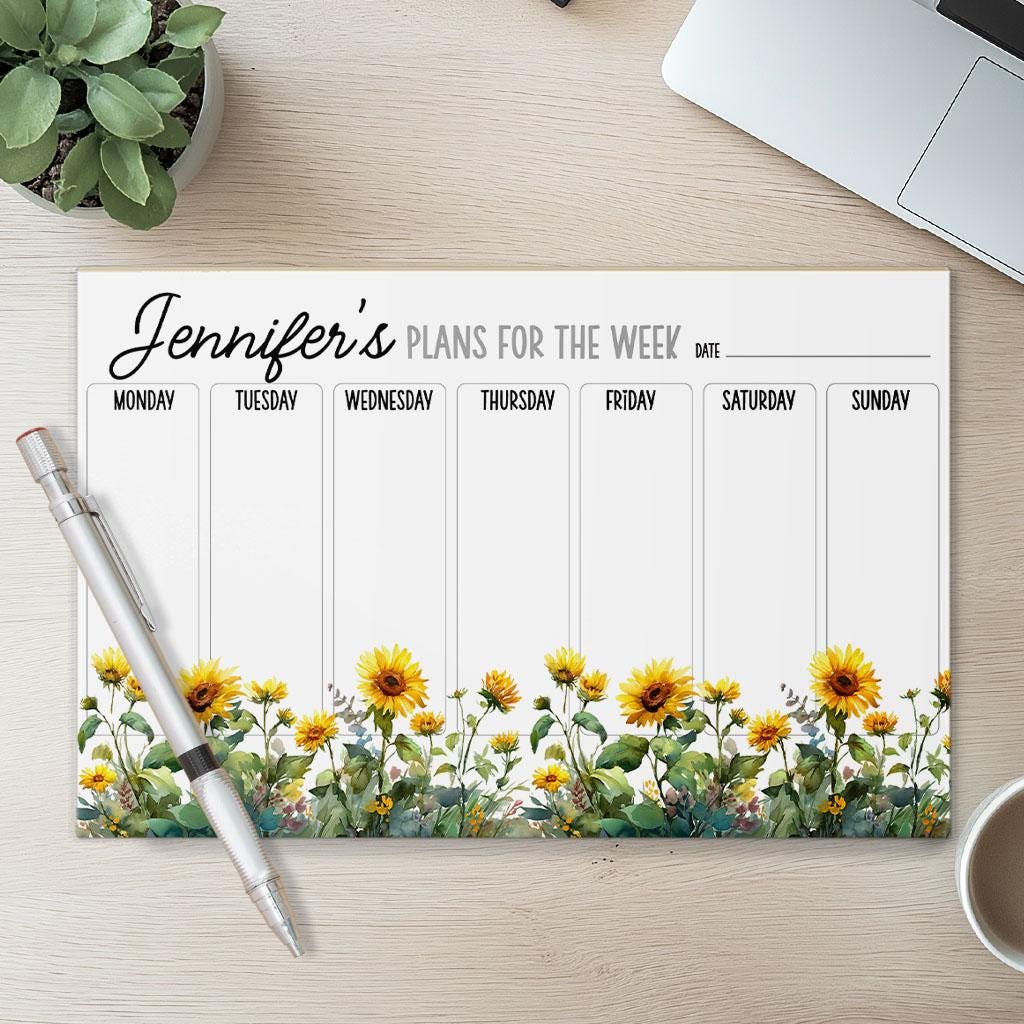 Personalized Weekly Planner - Custom Name Notepad With Sunflower Design | Teacher Gift Idea