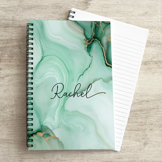 Personalized Spiral Notebook – Custom Name Journal | Mint Green Marble Sketchbook, 100 Pages