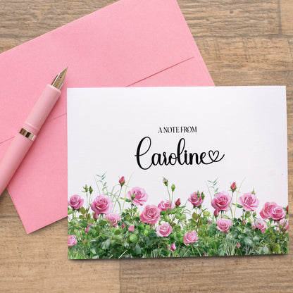 Personalized Note Cards - Pink Rose Folded Cards Set with Custom Stationery & Envelopes