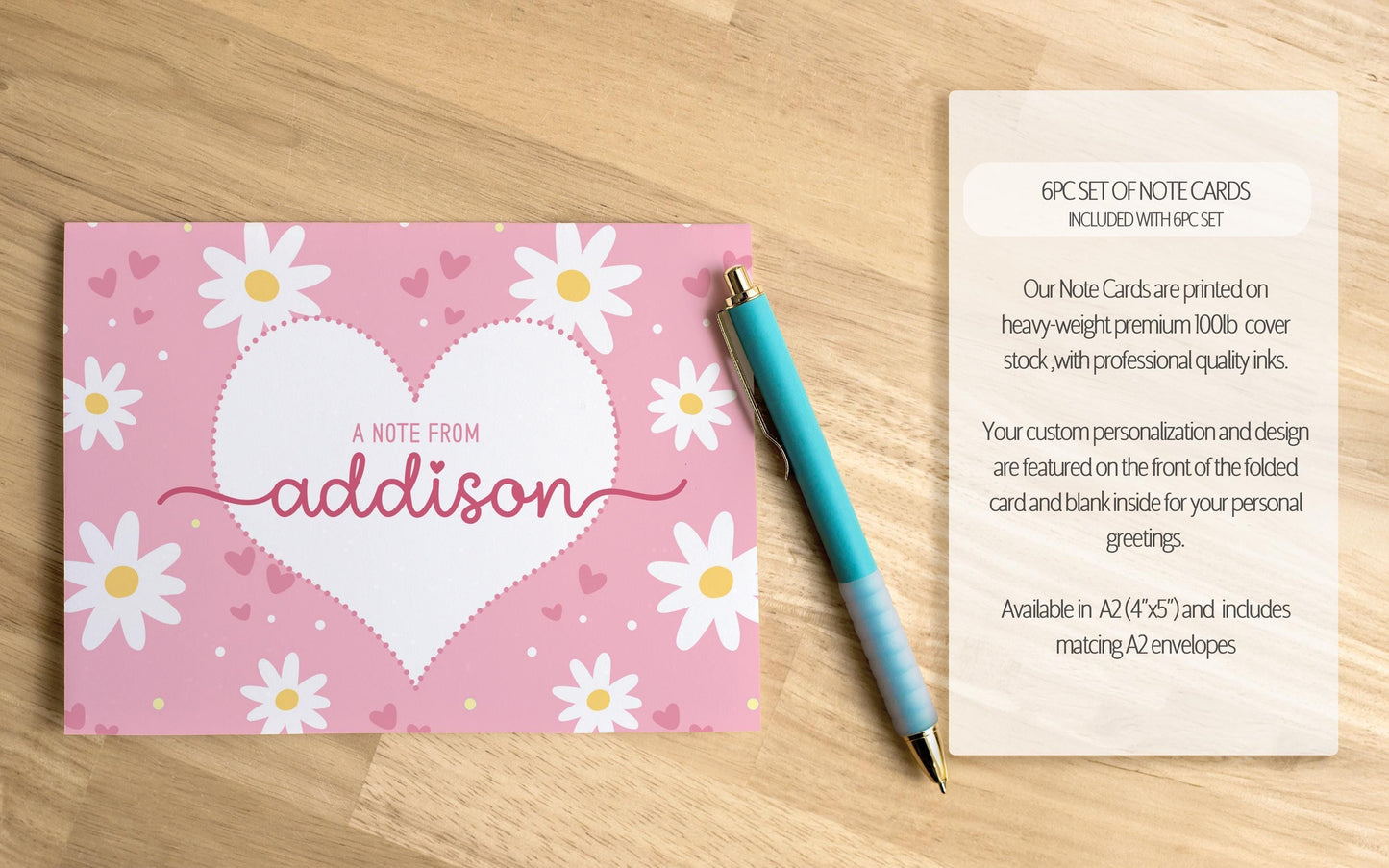 Personalized Stationery Set - Kids Letter Writing Kit with Pink Daisy Notebook & Envelopes