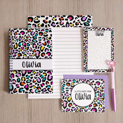 Personalized Stationery Set - Kids Letter Writing Paper & Rainbow Cheetah Notebook