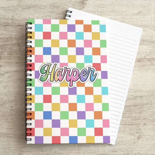 Custom Spiral Notebook - Personalized Rainbow Checkered Journal for Kids & Teachers