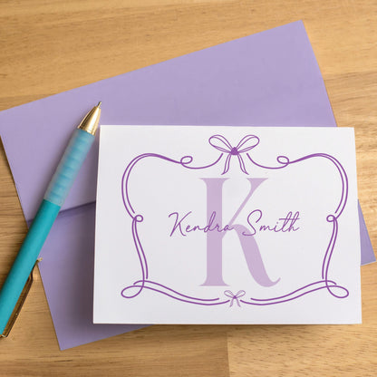 Personalized Monogram Note Cards – Custom Folded Cards with Hand Drawn Bow Design & Self Seal Envelopes