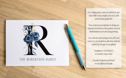 Personalized Monogram Note Cards - Custom Blue Flower Notecards with Envelopes