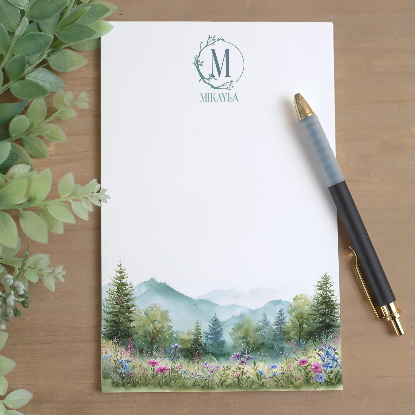 Personalized Monogram Notepad – Custom Forest Wildflower Stationery with Initial