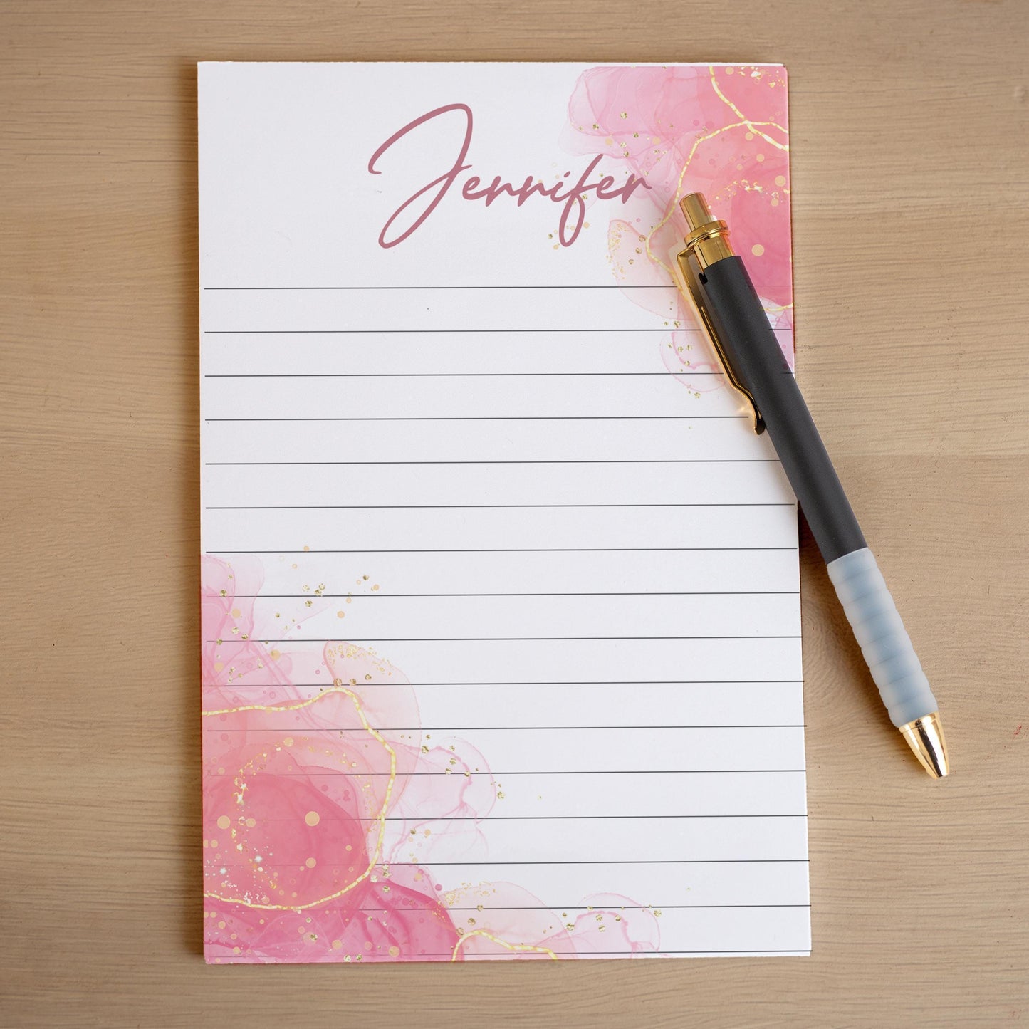 Personalized Notepad - Custom Name Notepad With Pink Watercolor Design, Marble Stationery