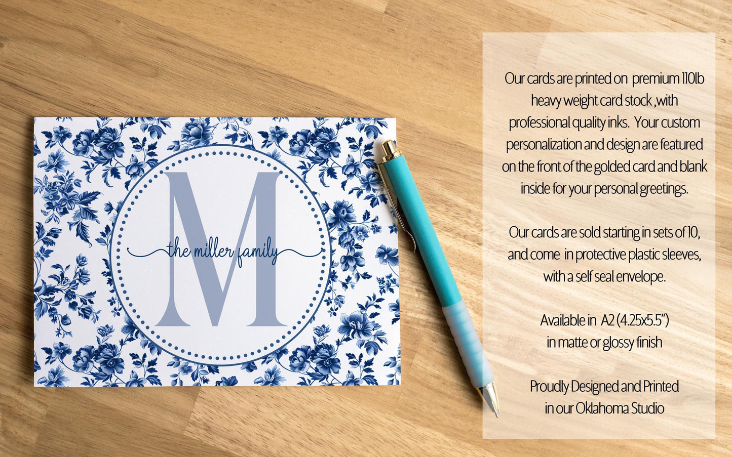 Personalized Note Cards – Custom Folded Notecards Set with Blue White Toile Stationery