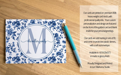 Personalized Note Cards – Custom Folded Notecards Set with Blue White Toile Stationery