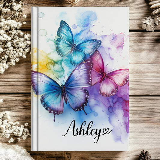 Personalized Hardcover Journal - Rainbow Butterfly Custom Name Notebook With Matte Finish Cover