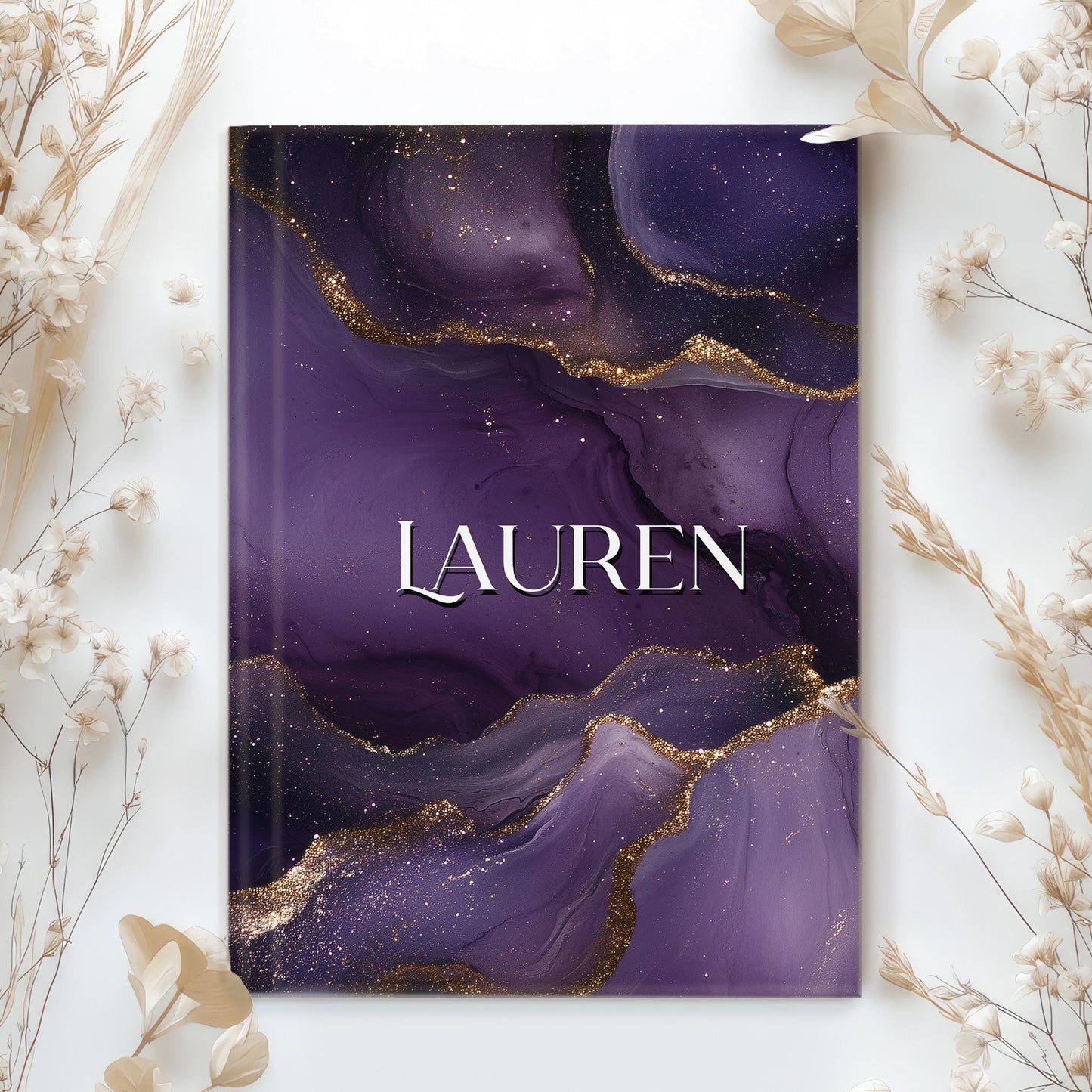 Personalized Hardcover Journal - Custom Name Purple Marbled Notebook Gift for Mothers Day