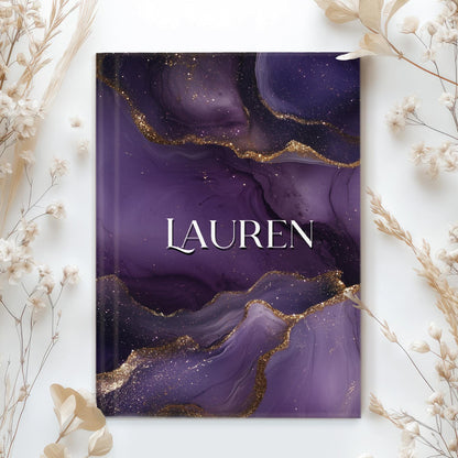Personalized Hardcover Journal - Custom Name Purple Marbled Notebook Gift for Mothers Day
