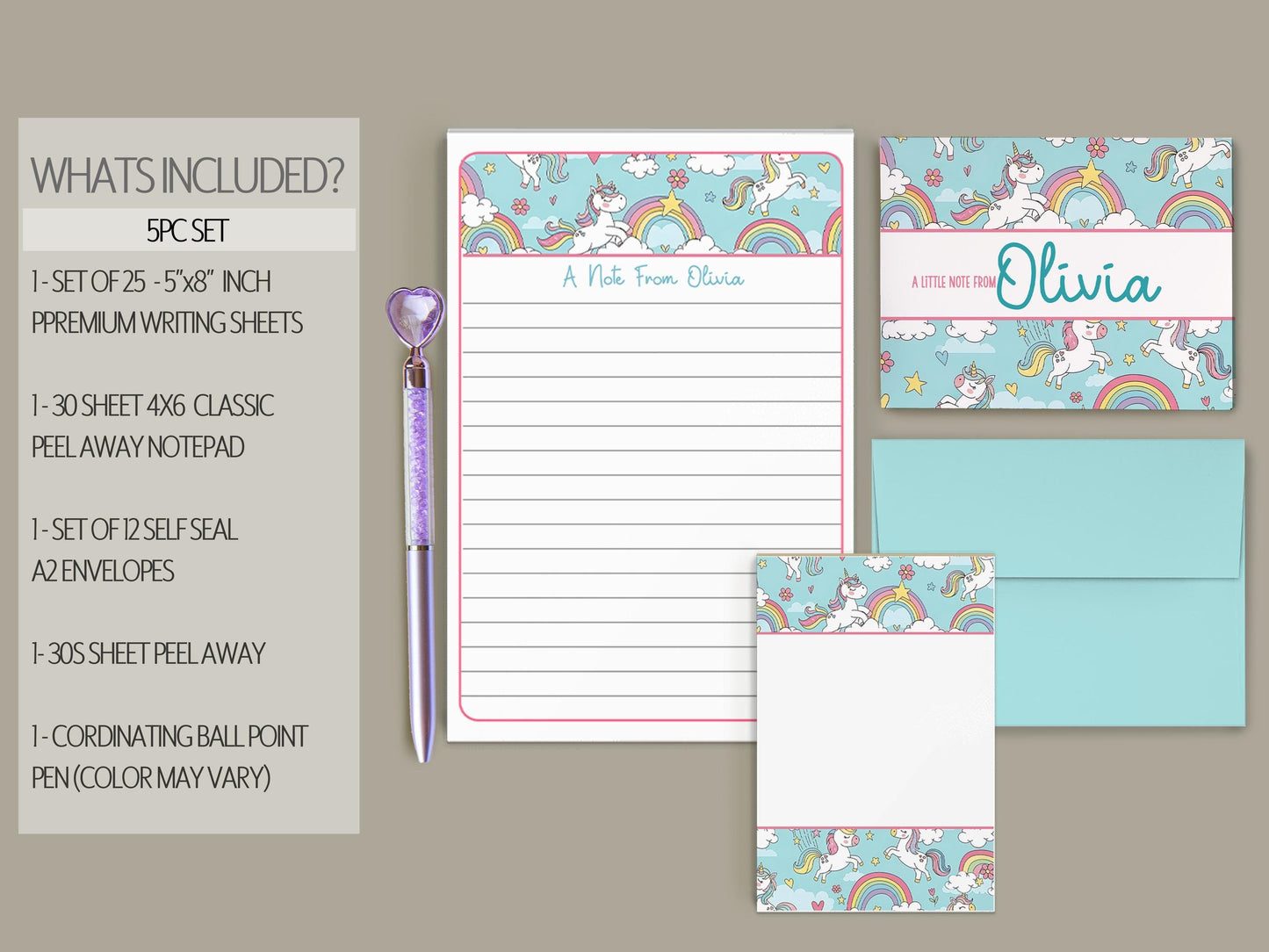Personalized Stationery Set - Girls Unicorn Letter Writing Kit with Premium Notecards & Self-Seal Envelopes
