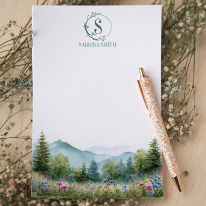 Personalized Monogram Notepad – Custom Forest Wildflower Stationery with Initial