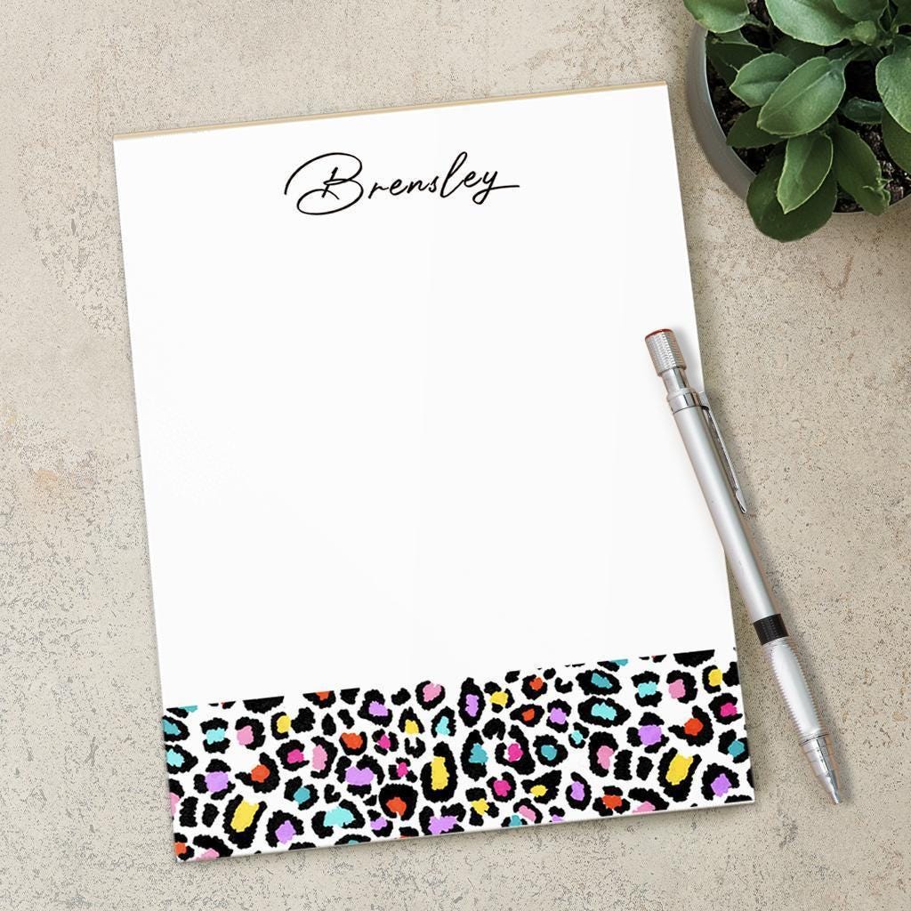 Personalized Notepad - Custom Name Notepad with Leopard Print Stationery | Rainbow Aesthetic Note Pad