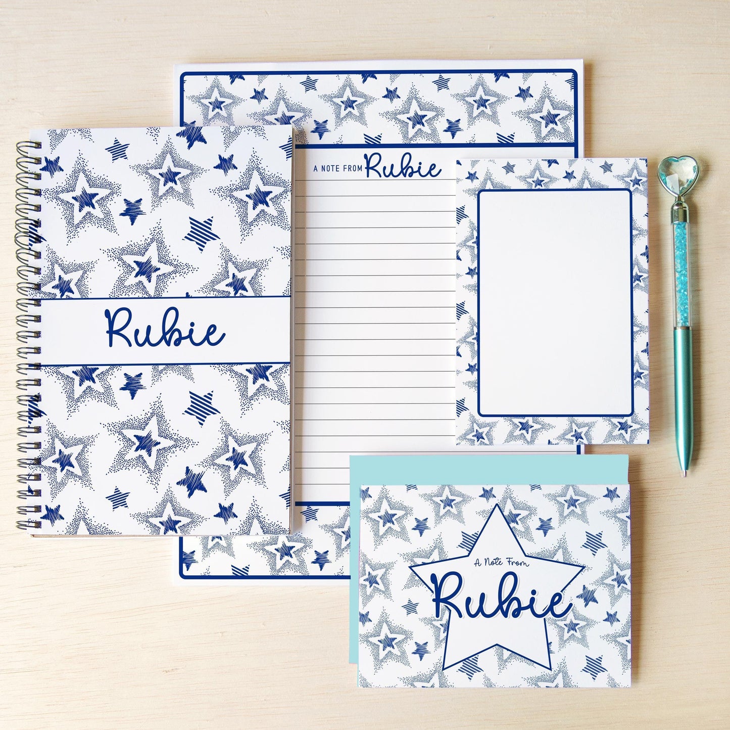 Personalized Stationery Set - Girls Star Letter Writing Set with Notebook and Pen