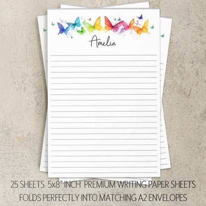 Personalized Stationery Set - Rainbow Butterfly Letter Writing Sets with Premium Paper & Self-Seal Envelopes