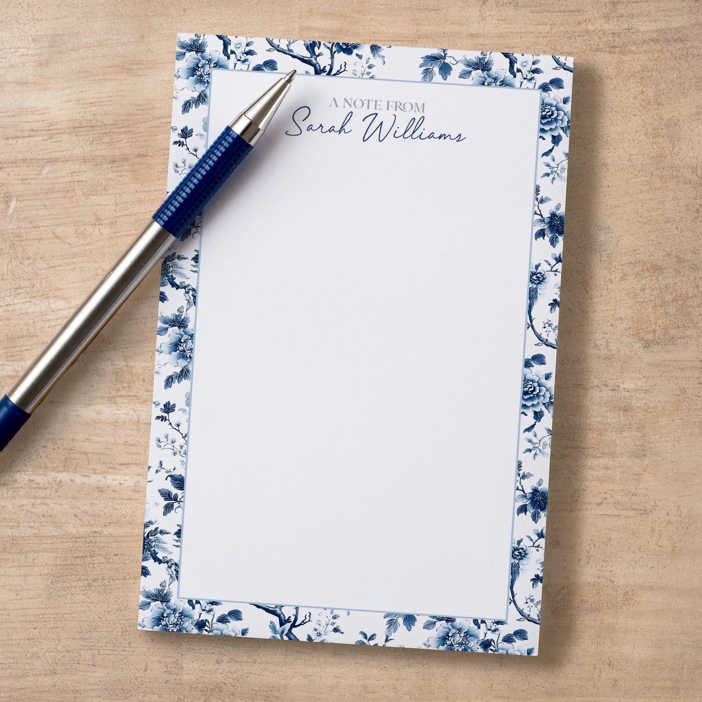 Personalized Notepad - Custom Name Notepads with Blue White Stationery & Floral Chinoiserie Design