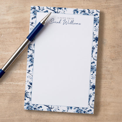 Personalized Notepad - Custom Name Notepads with Blue White Stationery & Floral Chinoiserie Design