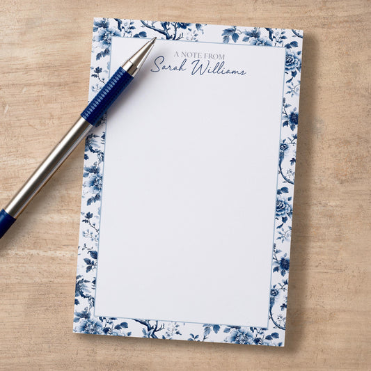 Personalized Notepad - Custom Name Notepads with Blue White Stationery & Floral Chinoiserie Design