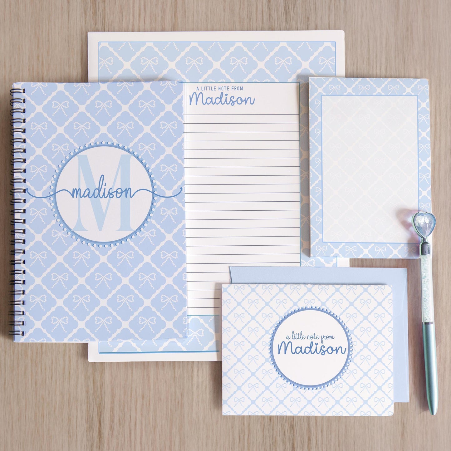 Personalized Stationery Set - Letter Writing Set with Blue Coquette Bow & Notecards