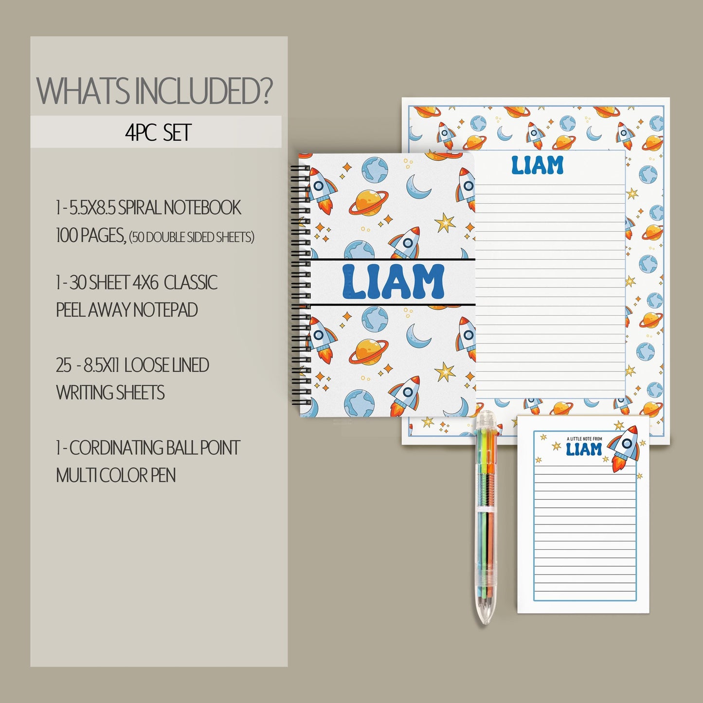 Boys Stationery Set - Personalized Notepad & Rocket Ship Notebook with Envelopes