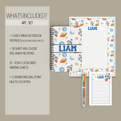 Boys Stationery Set - Personalized Notepad & Rocket Ship Notebook with Envelopes