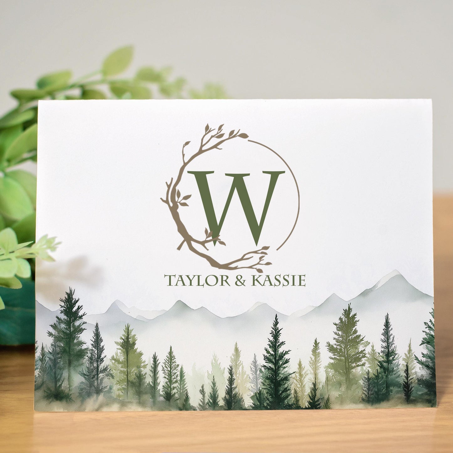 Personalized Note Cards - Custom Folded Cards with Name, Mountain & Evergreen Forest Design