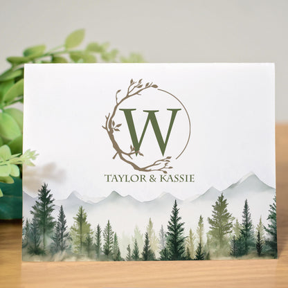Personalized Note Cards - Custom Folded Cards with Name, Mountain & Evergreen Forest Design
