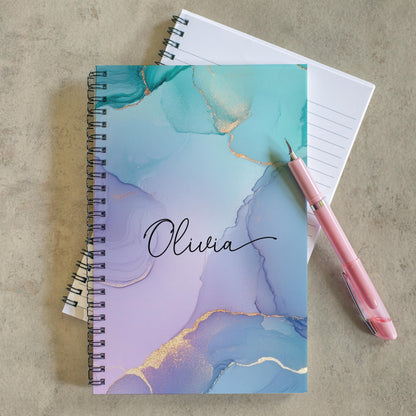 Personalized Notebook - Custom Name Marble Teal Journal | Spiral Bound, Lined & Blank Pages