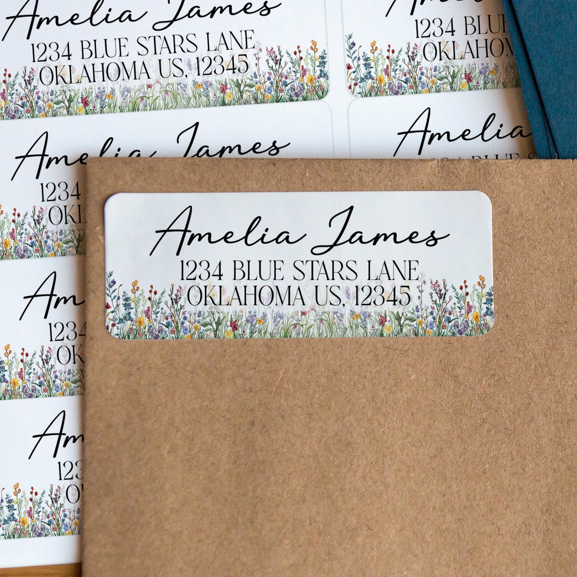 May include: White address labels with the name "Amelia James" in elegant script. The labels include an address and a floral border with blue, yellow, and purple flowers. The labels are on a brown envelope.