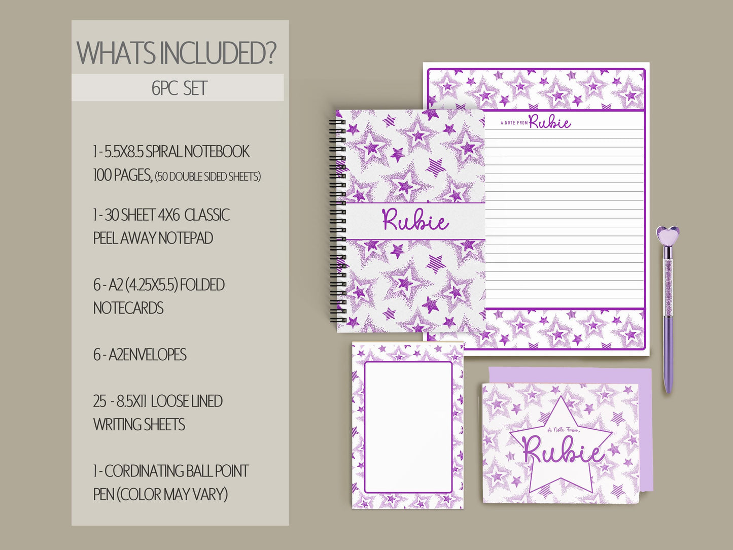 Personalized Stationery Set - Girls Star Letter Writing Paper & Notecard Envelopes