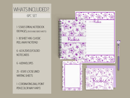 Personalized Stationery Set - Girls Star Letter Writing Paper & Notecard Envelopes