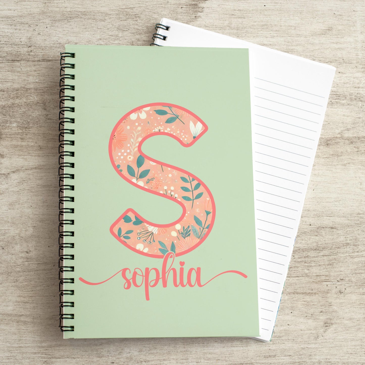 Personalized Womens Notebook - Custom Monogram Journal With Coral Teal Floral Design