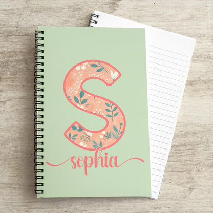 Personalized Womens Notebook - Custom Monogram Journal With Coral Teal Floral Design