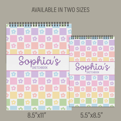 Girls Personalized Sketchbook - Custom Kids Drawing Pad With Rainbow Checkers Cover