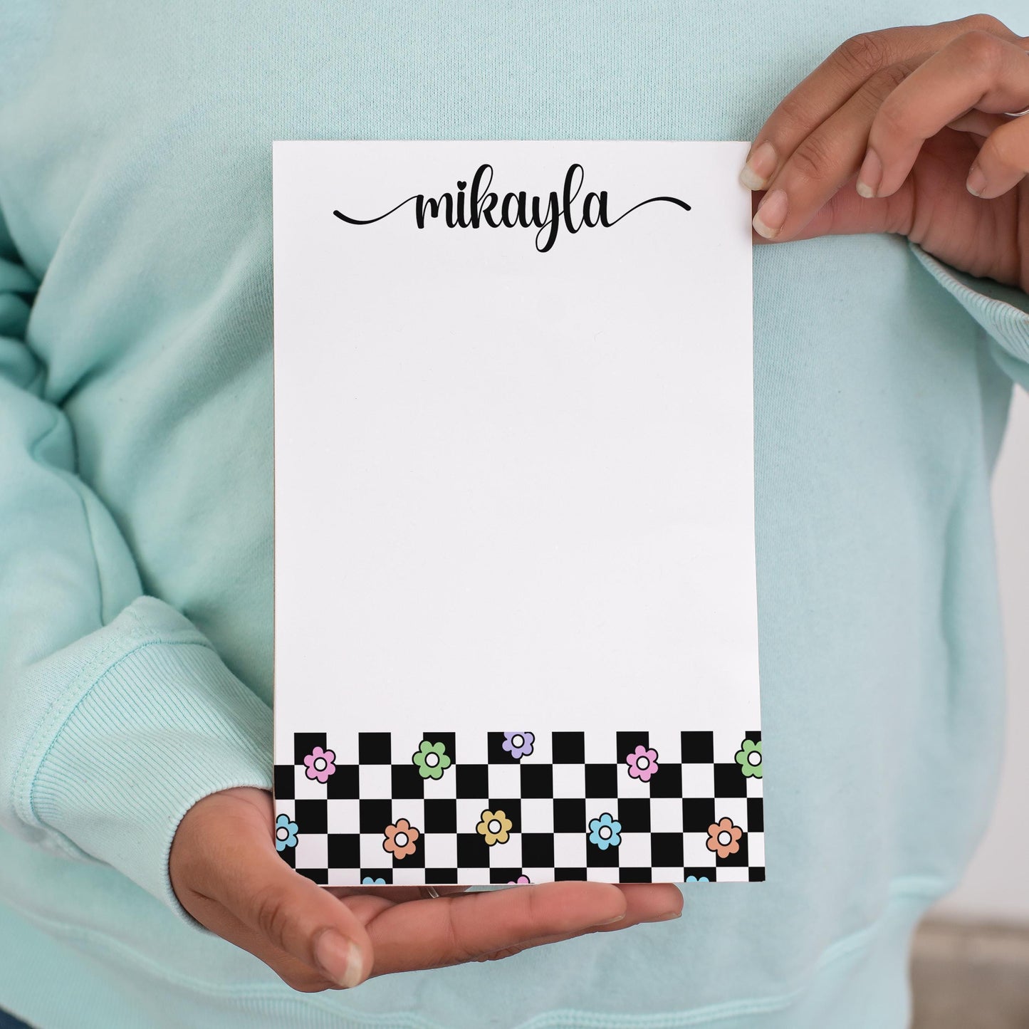 Personalized Girls Notepad - Custom Flower Checkers Notepad with Peel Away Pages