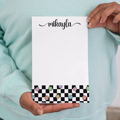 Personalized Girls Notepad - Custom Flower Checkers Notepad with Peel Away Pages