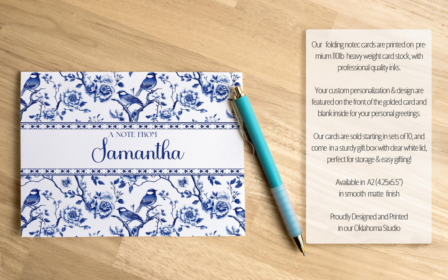 Personalized Note Cards – Blue Bird Chinoiserie Folded Thank You Cards Set